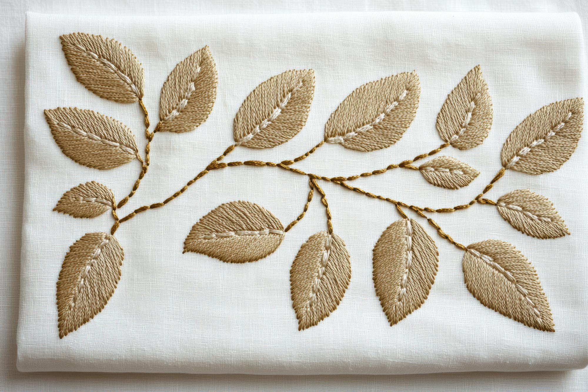 Embroidered botanical motif on cream fabric